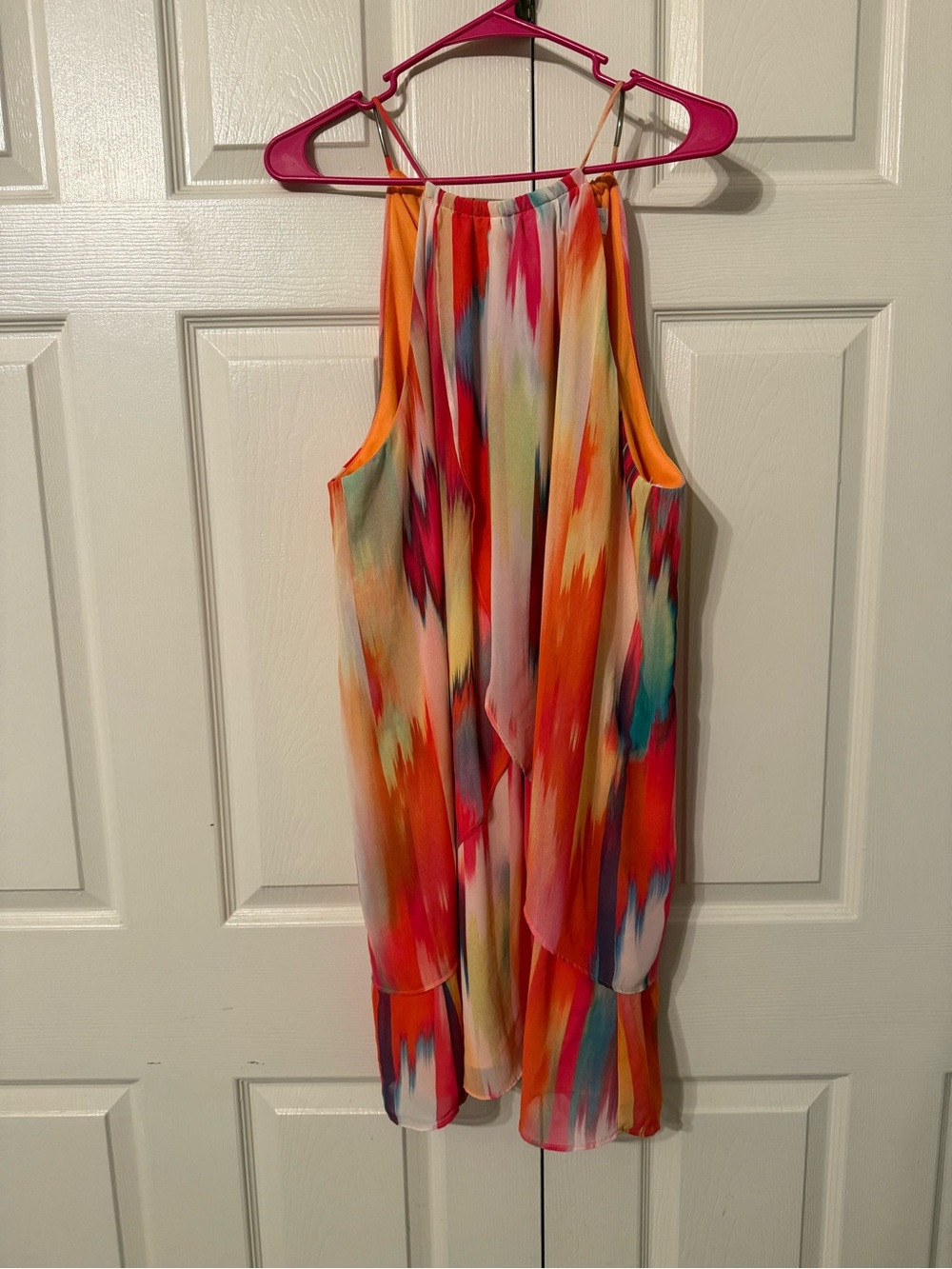 Bisou Bisou Multicolor Watercolor Halter Dress with Orange Accents